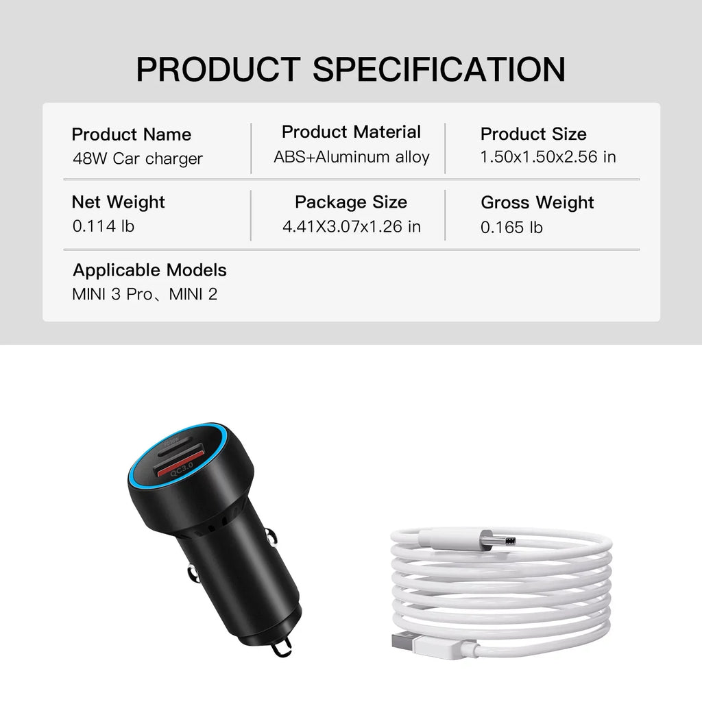 PD Mini Charger Adapter Charging USB-C Super Pro DJI Car 2/Mini 3 Fast QC3.0 for