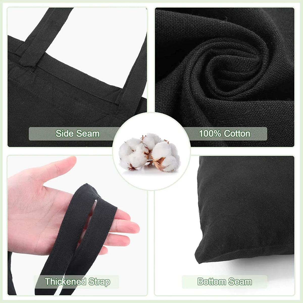 Pcs Bags Canvas Bulk Craft 60 Cloth Tote Bags DIY Reusable Grocery Handles with Gift for Cotton (Black)