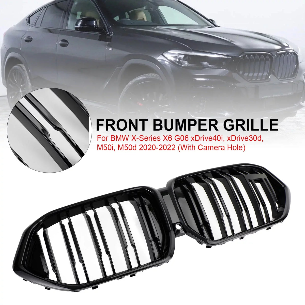 BMW Front Grille Hole Black Bumper X6 Grill Fit M50i for W/Camera G06 2020-2022