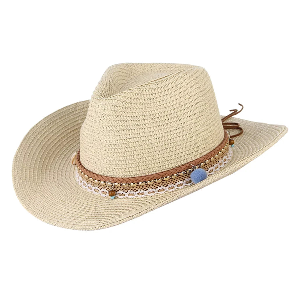 Sun Hat Western Cowboy Packable Women Brim Trilby Straw Beige Style Floppy Big