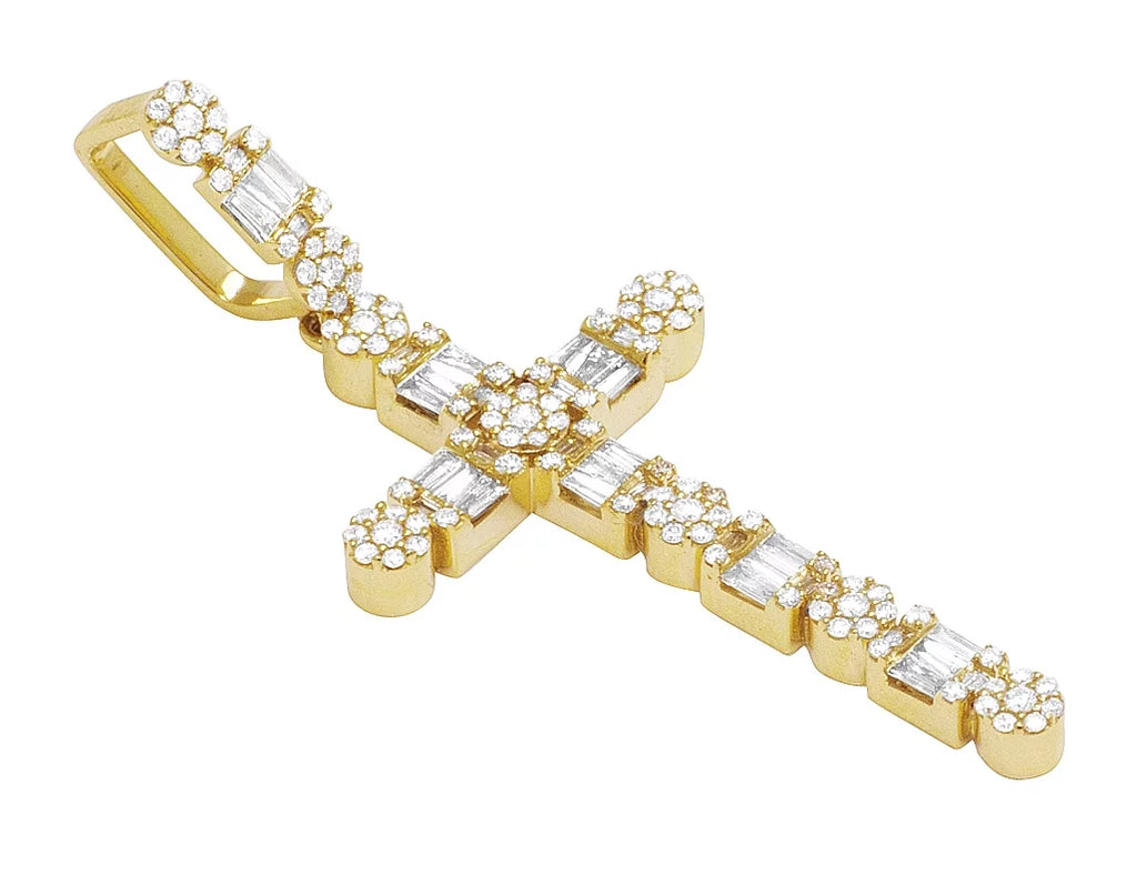 Cross 2" Real Baguette Diamond Unisex Cluster 1.2CT Flower 10K Gold Yellow