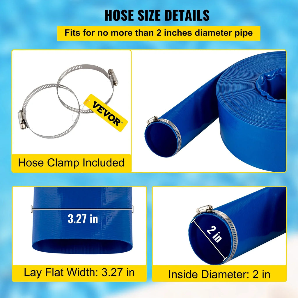 Ideal Blue Pool for Swimming x & Hose, Duty Backwash Transfer, Lay Discharge 105', with BENTISM Hose Weather-proof Fabric & Hose, Drain Water Flat 2" Burst-proof, Clamps, Heavy PVC
