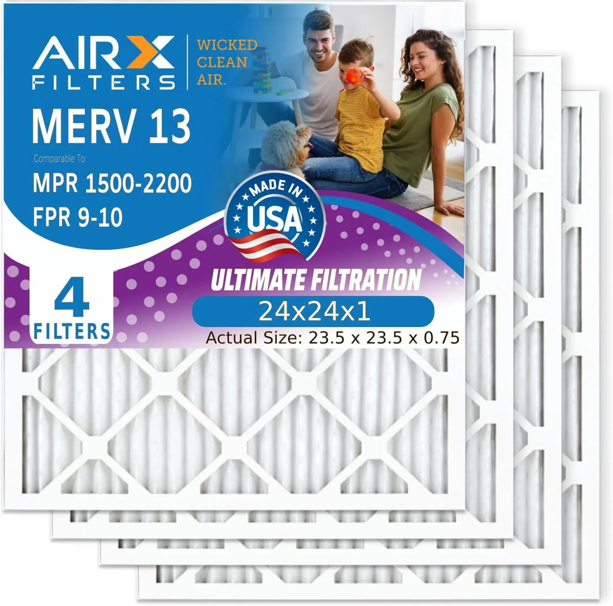 MERV 9 Comparable - to MPR Filter AC 24x24x1 Filter Made by Pack Electrostatic Premium Conditioner & 24x24x1 Pleated Air AIRX HVAC WICKED FPR 4 Filters Furnace CLEAN FILTERS USA AIR. 1500 2200 Air 13