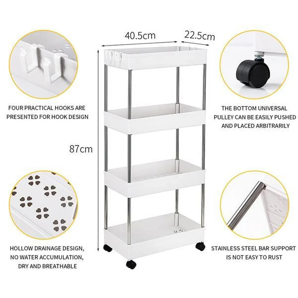 Utility Wheels, Stainless 4-Tier Kitchen, Bathroom, and with Steel, SYTHERS Cart White 4 Cart Rolling for Laundry Plastic with Room, hooks, Storage