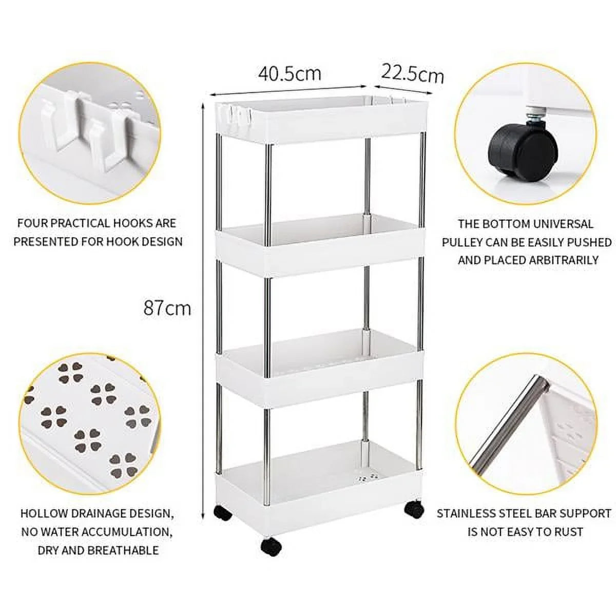 Utility Wheels, Stainless 4-Tier Kitchen, Bathroom, and with Steel, SYTHERS Cart White 4 Cart Rolling for Laundry Plastic with Room, hooks, Storage