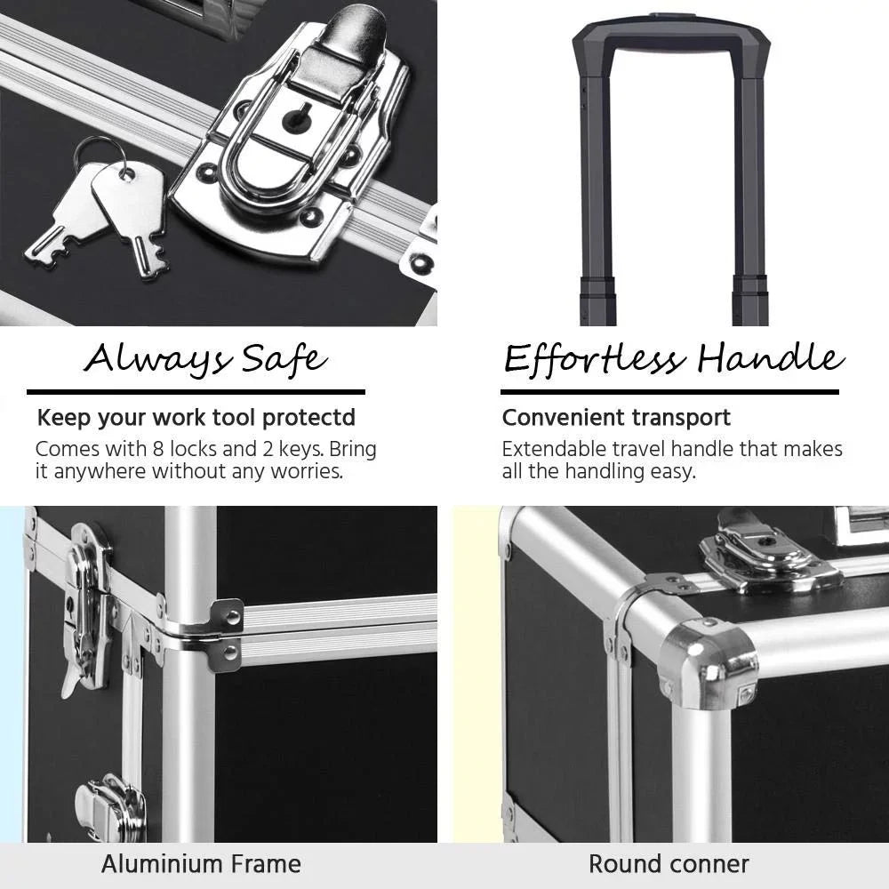 Large Train Makeup Capacity Cosmetic Case Case Case Aluminum Professional 3-in-1 Makeup Travel Trolley