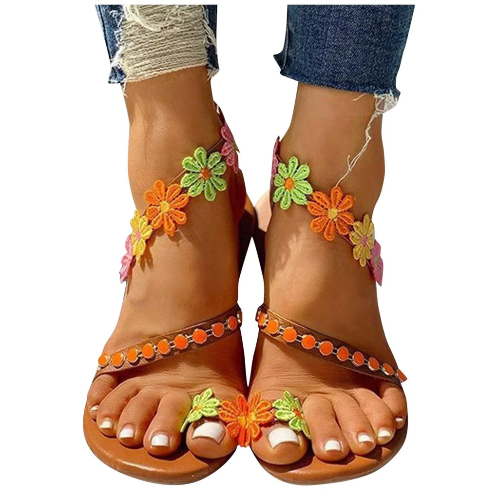 Ladies Sandals Wedge Women Designer Rhinestone Flower Flip Printing Sandals Sandals Summer Toe Fashion Sandals Breathable Flop Sandals 9 Size Low Women Round for Flat Summer for Women Strap Womens