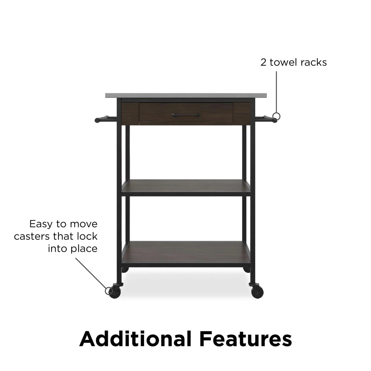 Brown Metal Counter Kitchen Black Storage, Stainless Pantry Cart, Top, Frame, DHP Steel Kane