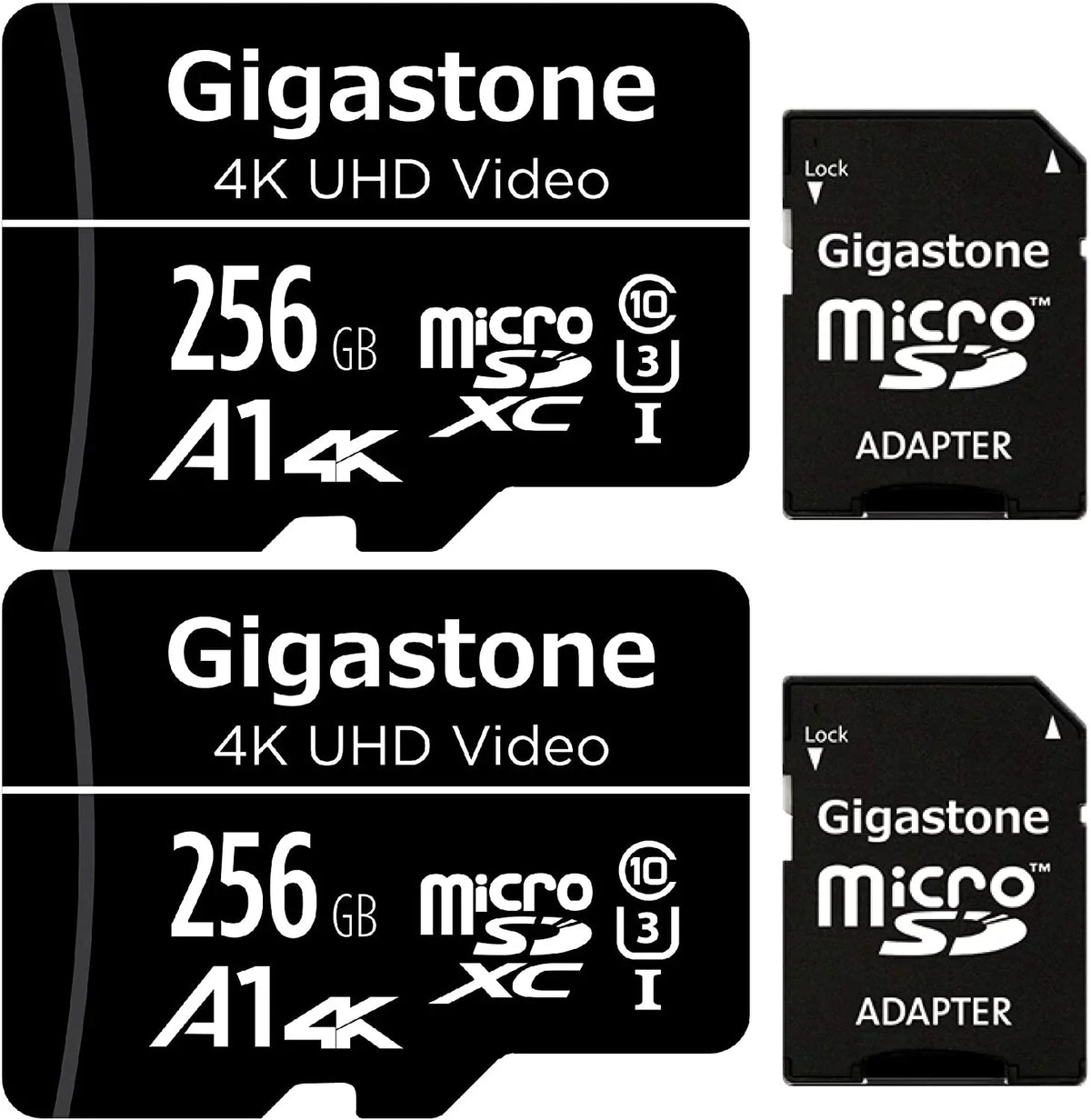 Class Dash Micro Card, 2 10, Action Gigastone (2x256GB) memory Camera Pack Surveillance A1 Security 100MB/s Video, Cams, Micro UHS-I SDXC 4K SD UHD Drone 256GB Cam Professional,