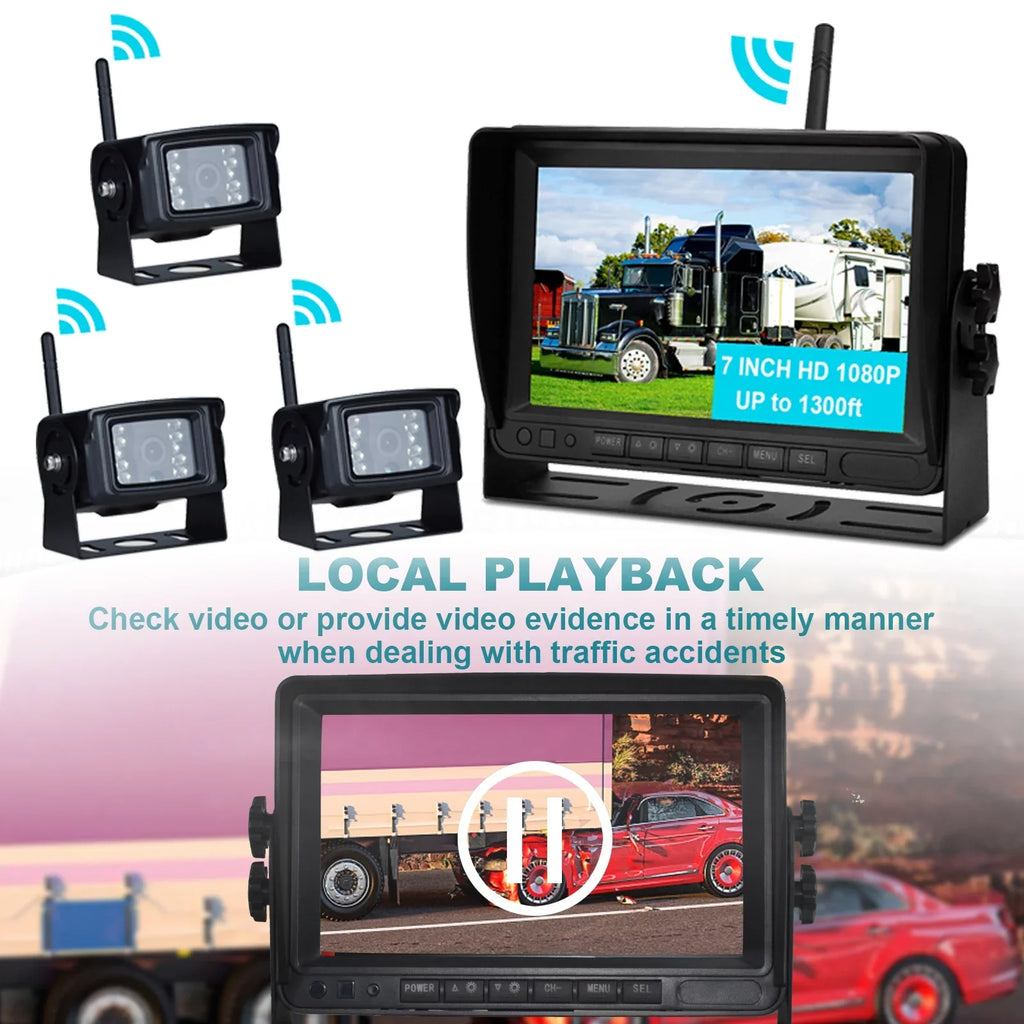 for 1080P Truck 7" Wireless AHD Camera Display Kit Rear Backup 3CH Trailer View