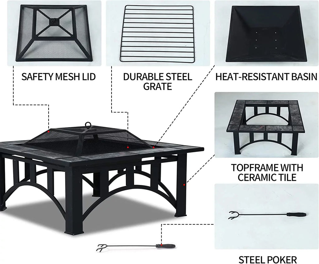 Marble Screen Tabletop Tile Heating, Spark with Patio Bonfire,Camping,Outdoor Square for Burning 35'' Wood Poker Grand Pits Fire and for Patio Fire Outside Tables