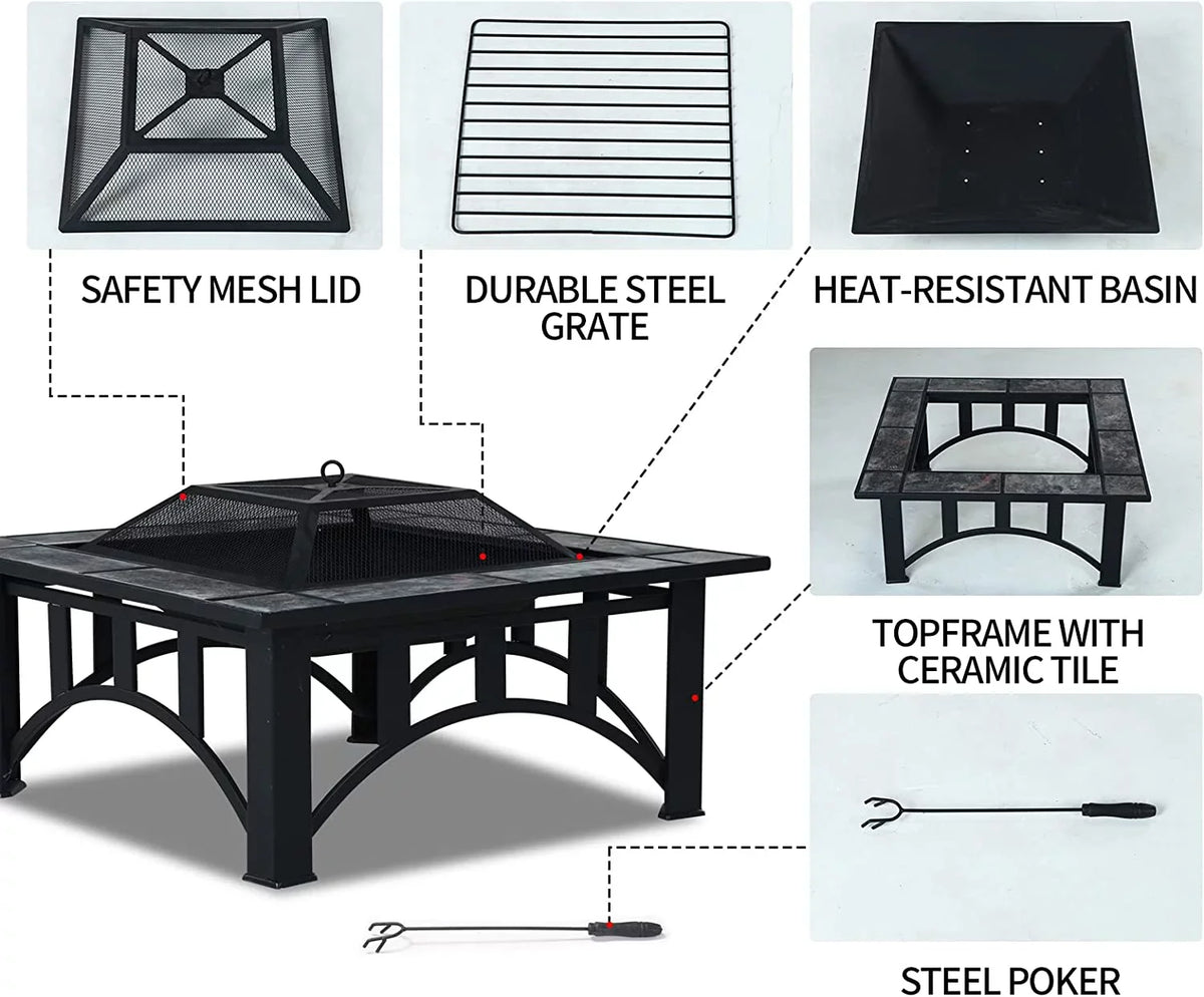 Marble Screen Tabletop Tile Heating, Spark with Patio Bonfire,Camping,Outdoor Square for Burning 35'' Wood Poker Grand Pits Fire and for Patio Fire Outside Tables