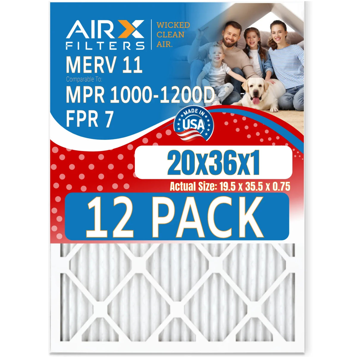1000, - Furnace & Filters AIR. MERV AIRX MPR USA FPR 20x36x1 7 FILTERS 1200 Pack Filter Comparable Made Air to 11 of in 12 by Rating, MPR CLEAN WICKED
