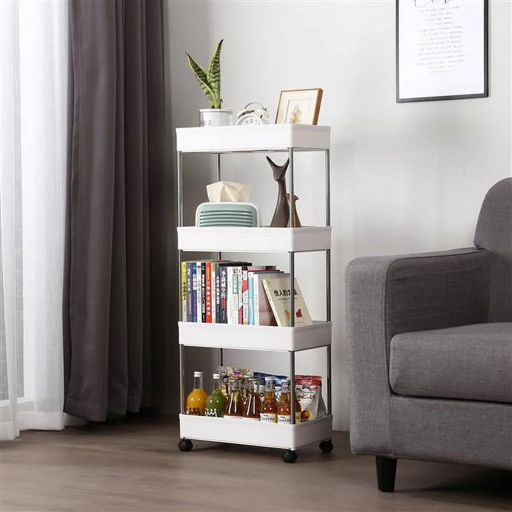 Utility Wheels, Stainless 4-Tier Kitchen, Bathroom, and with Steel, SYTHERS Cart White 4 Cart Rolling for Laundry Plastic with Room, hooks, Storage