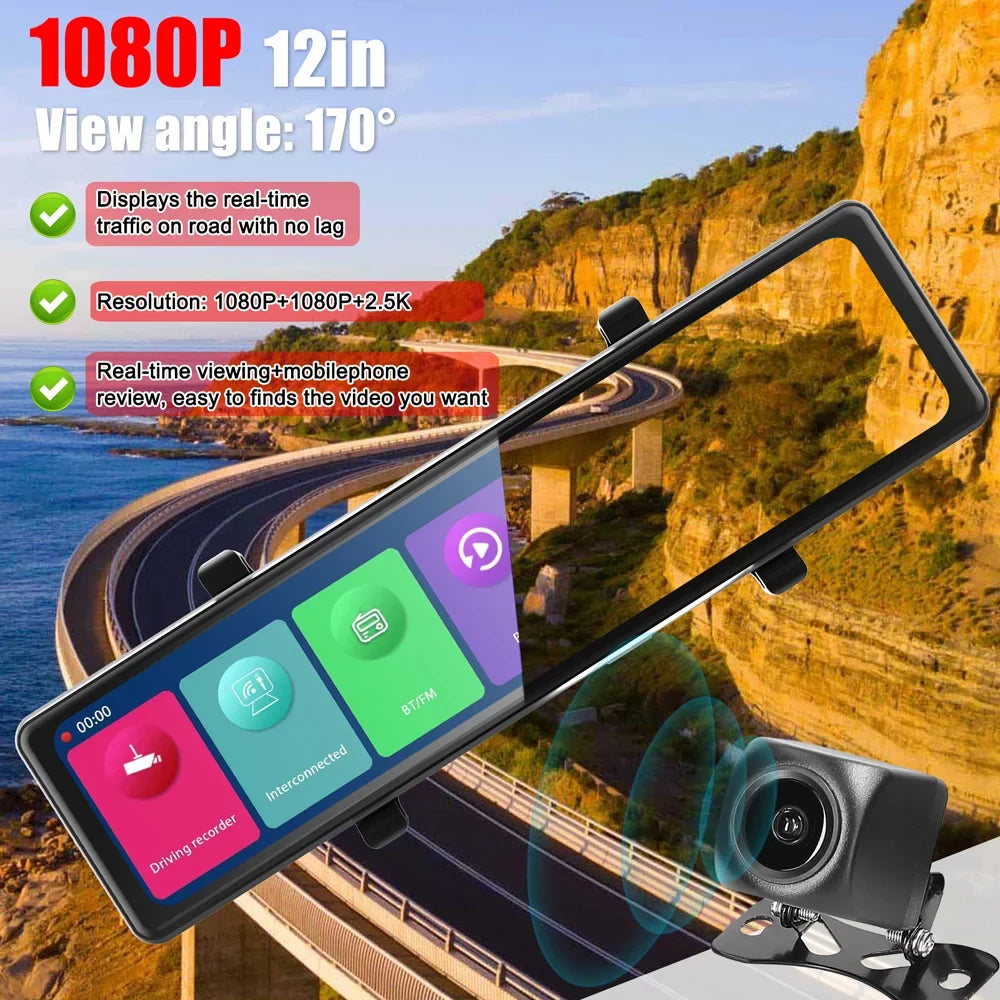 Screen 2.5k Car Andoer Rearview Mirror Car Car Dash Cam Bt Clear 2.5k Car Car Bt Video 2.5k Mirror 2.5k Camera,3 Screen Rearview Bt Cam Touched Camera Car 12in Cameras Clear 12in Mirror Dash