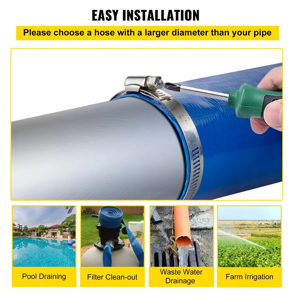 Ideal Blue Pool for Swimming x & Hose, Duty Backwash Transfer, Lay Discharge 105', with BENTISM Hose Weather-proof Fabric & Hose, Drain Water Flat 2" Burst-proof, Clamps, Heavy PVC