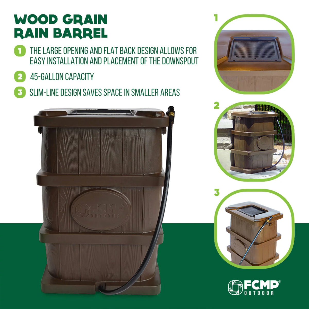 Grain Outdoor 45 Catcher Wood Barrel, WG4000 Rain Water Gallon FCMP Brown