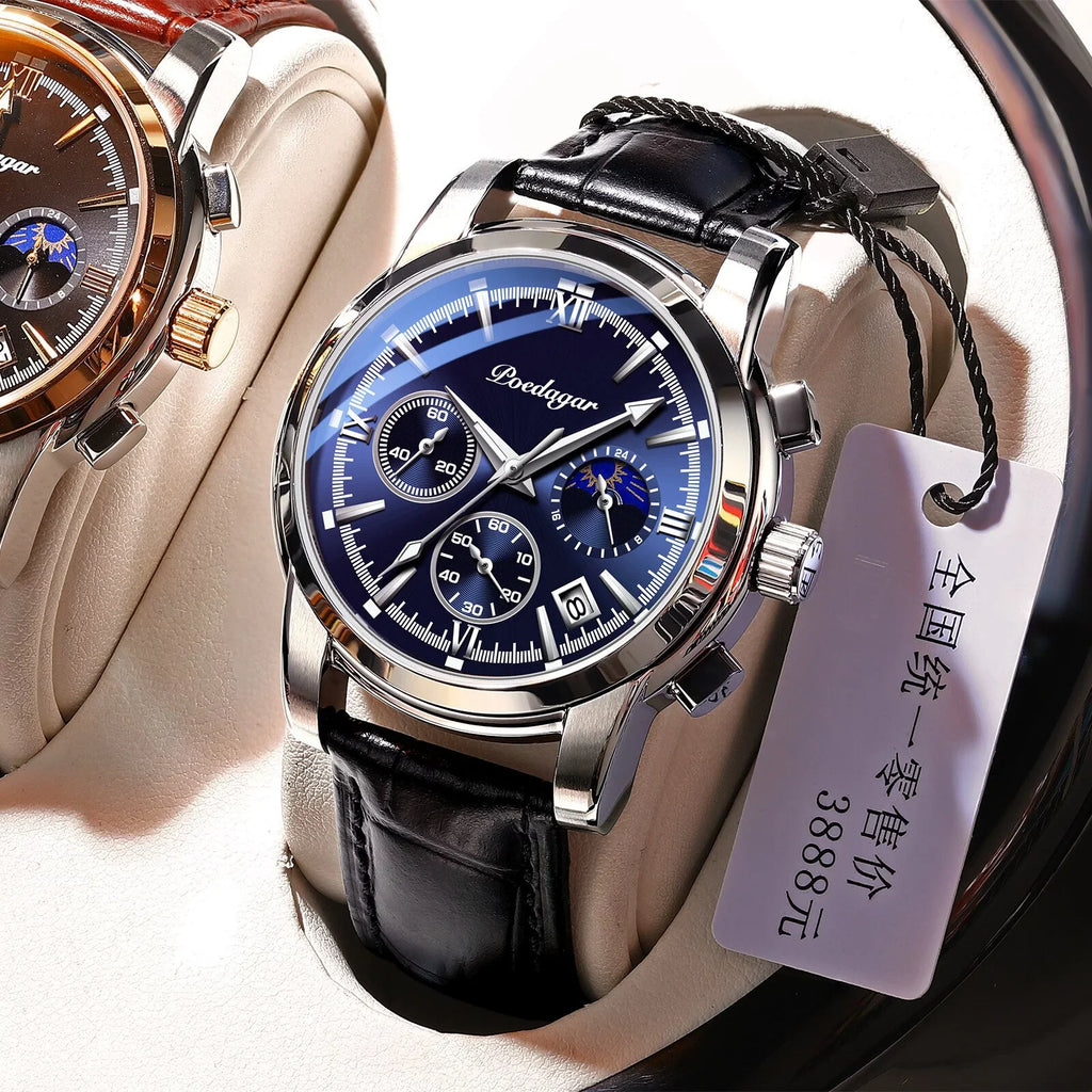 POEDAGAR Leather Fashion Watches Top Wristwatch Clock Brand Blue Mens Sport Luxury Waterproof Watch Quartz Casual Male