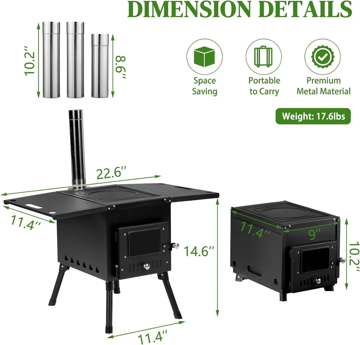 Pipes, Outdoor Cooking Stainless Outdoor Tent and with People Use(Black) Camping Wood Jack Heating Stove Burning Gloves Tent & for Chimney 1-2 Portable Wood Stove Stove, Camping