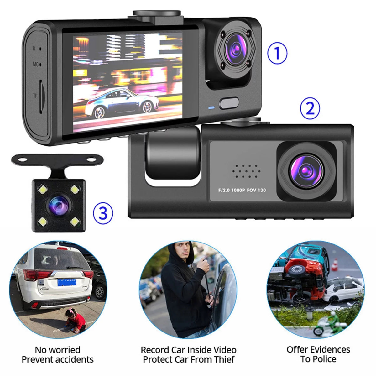 Car Recorder Auto Recording with Dash Safety Camera 3 Cameras, Camcorder, Video Driving Nebublu