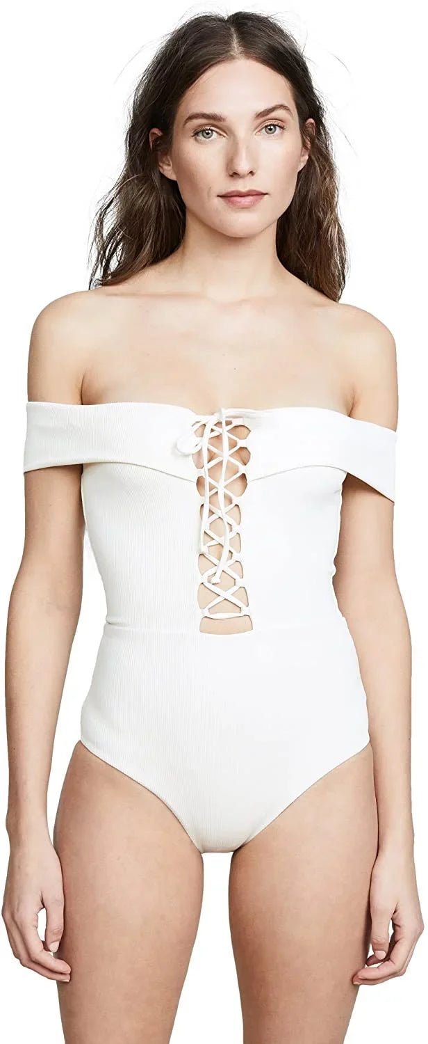 L*Space 6 Anja Piece Swimsuit, Bandeau Lace-Up One US CREAM