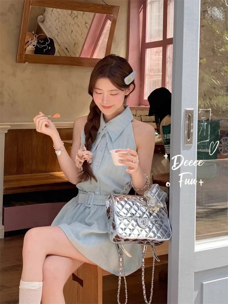 Dress [In Oni Deeeefuu Pei Sleeveless Dress Man Stock]] Tie Short S Pei Mambo Han Waisted Mint Halter Women Neck Dresses Commuter