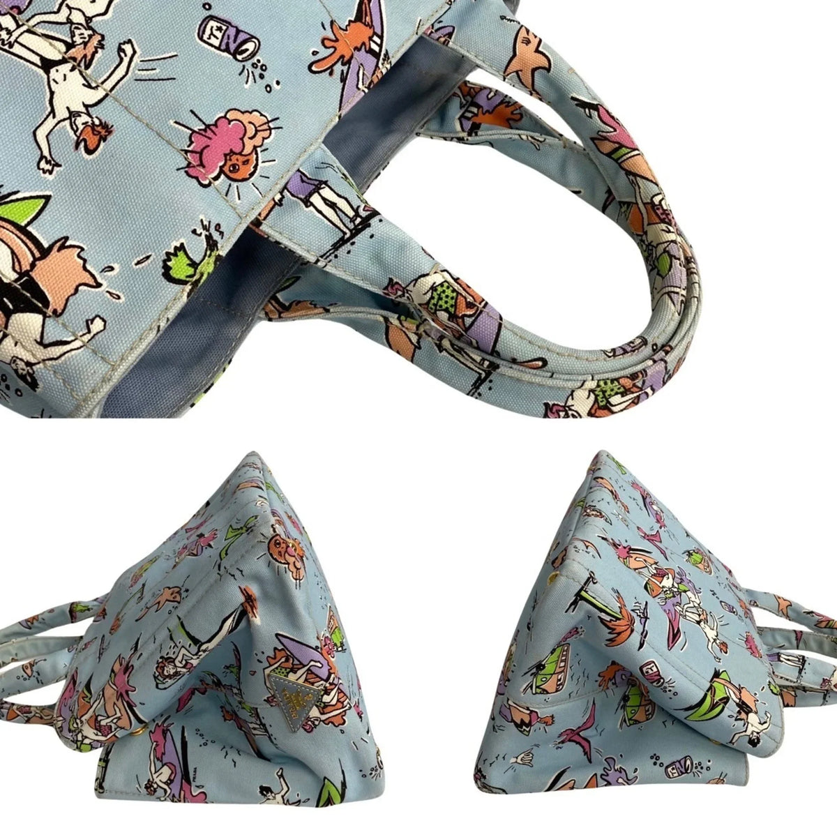 Pre-Owned 25905 Prada Canvas Tote Blue Multicolor Surfing (Good) Handbag Bag Pattern PRADA Triangle Canapa