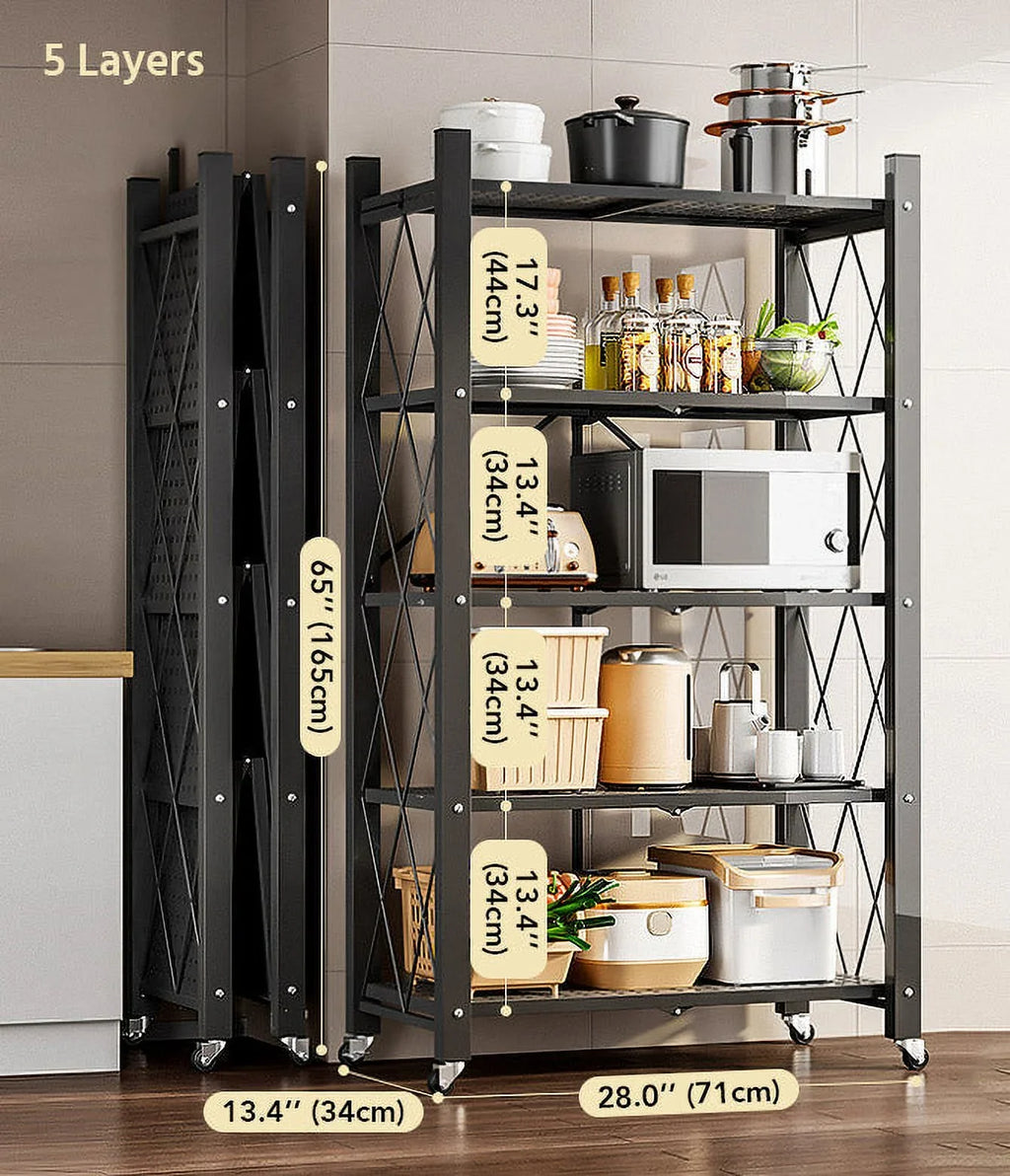 5 Foldable Joybos® Tier Duty Metal with Organizer Heavy Shelves Wheels Black