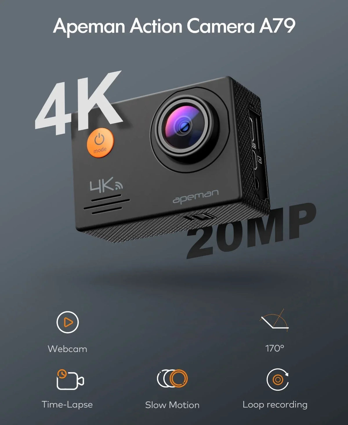 Remote Control WiFi External 4K Camera Action Microphone APEMAN A79 20MP 2.4G