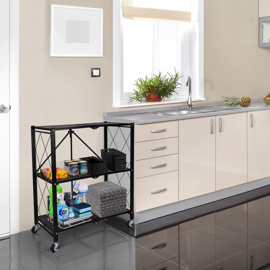 Shelving Shelving Heavy with Kitchen, Garage for Metal Foldable Organizer Easy Rack Suitable 3-Tier Duty Black Storage Unit Moving Storey