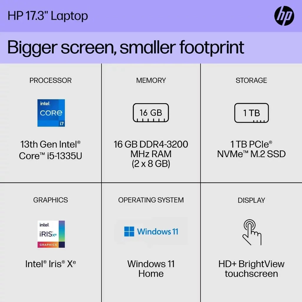 Intel RAM, Core 1TB 17.3" 32GB i7-1355U, HP Home Win11 Laptop, HD Backlit Touchscreen SSD, Keyboard,