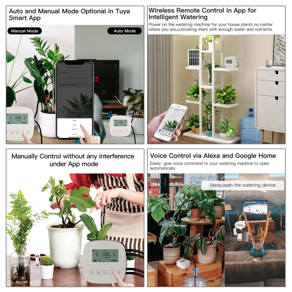 Watering Smart Programmable Watering WiFi/ Device Pump with System Battery Manual Arealer Built-in System Charging for Watering Compatible Home Voice/ Solar Dual USB Control Panel/ Automatic Time