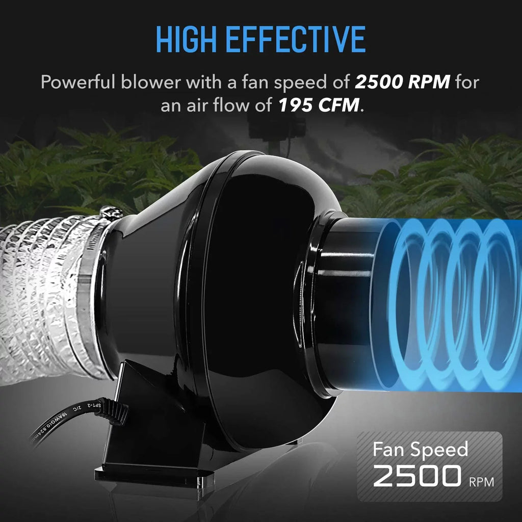 Lite, Ventilation inch Circulation CFM Vent Duct 1-Pack 4" Fan 195 Blower Tent, Black, iPower Inline Grow 4 Air for