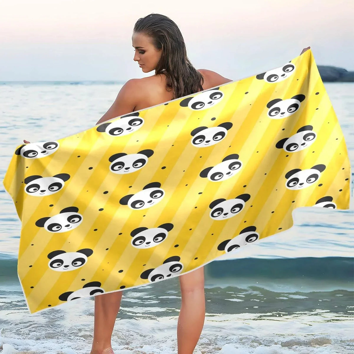 31”X71” Thin Yellow Microfiber Multipurpose Dot Panda Beach Bestwell Pool Swim Blanket, Dry Quick Sand Free Oversized Yoga Towel, Towel Lightweight Shower Bath Towel Towel Polka