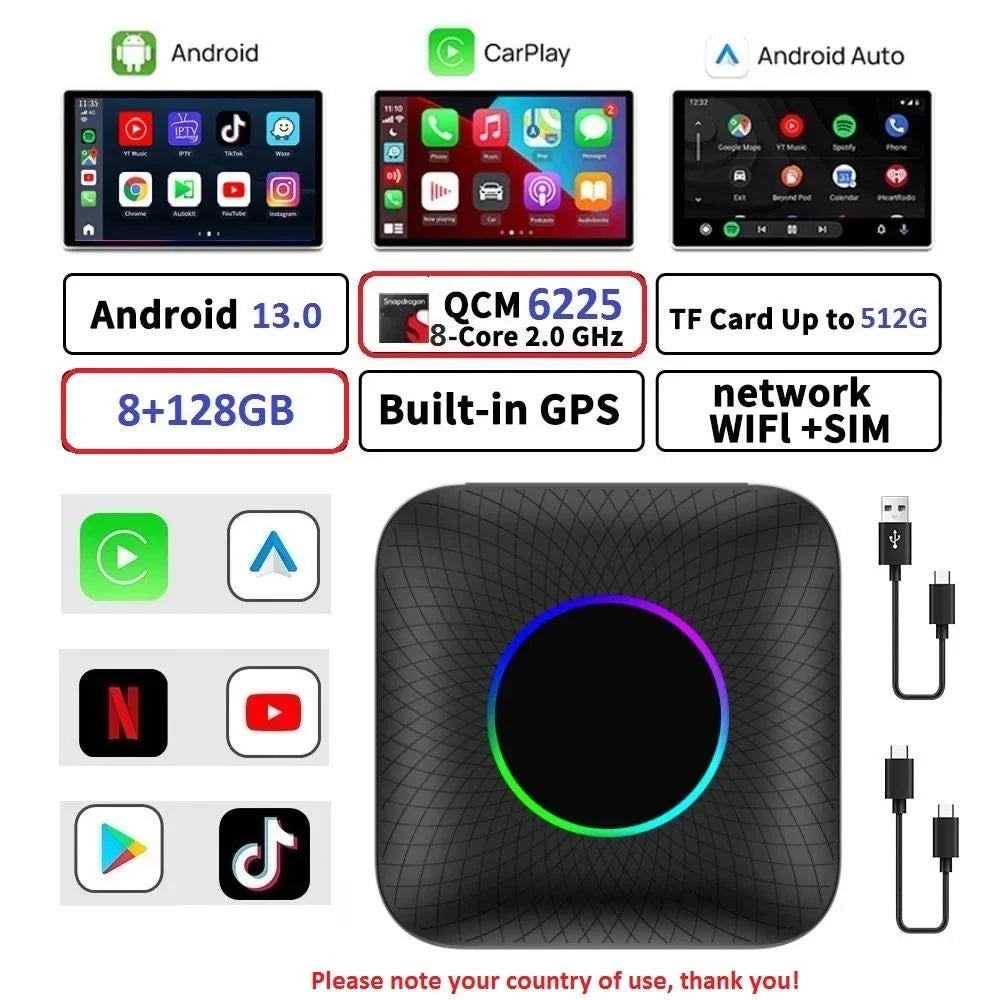 CarPlay & Netflix 13 Led Android Wireless QCM6225 Auto Apple For Accessories Smart Ai Car Tv Youtube Android Carlinkit Box Box