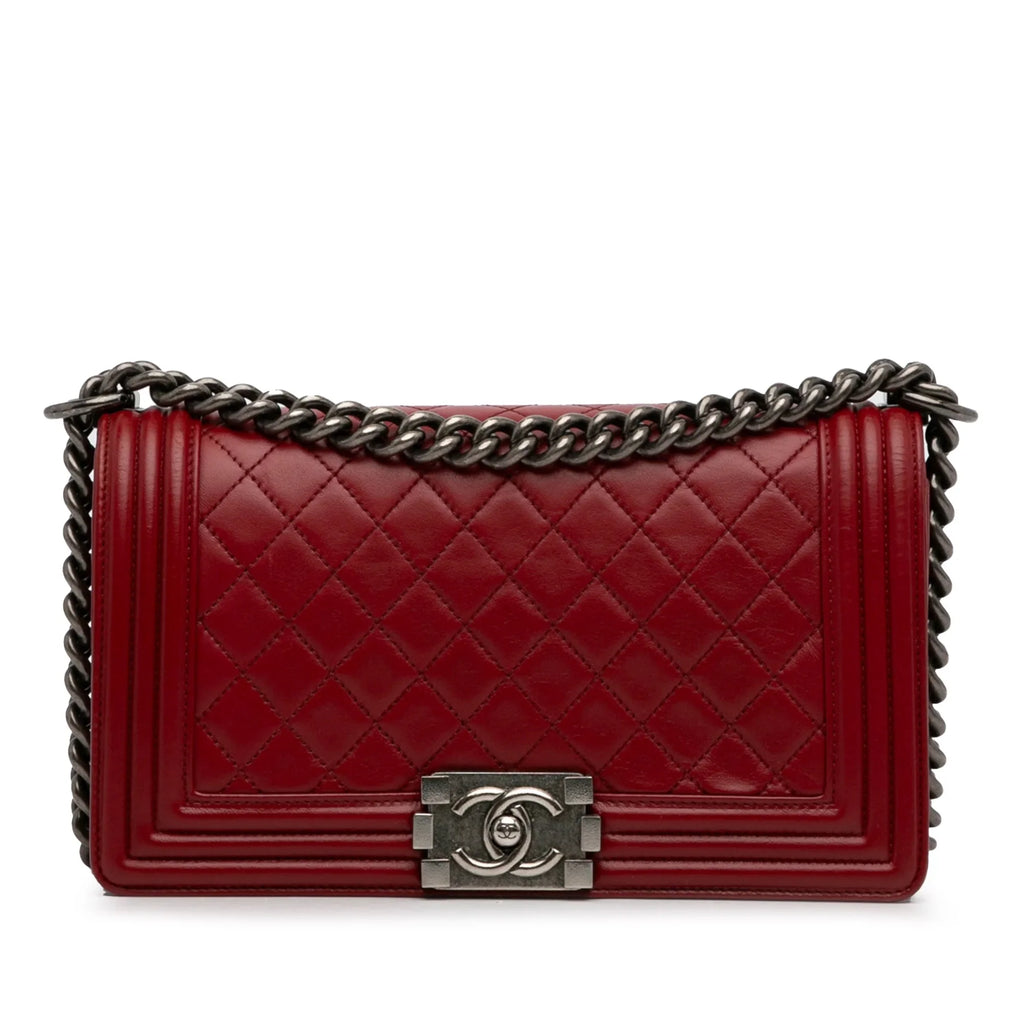Boy Medium (Good) Bag Authenticated Crossbody Red Bag Pre-Owned Chanel Unisex Flap Leather Lambskin