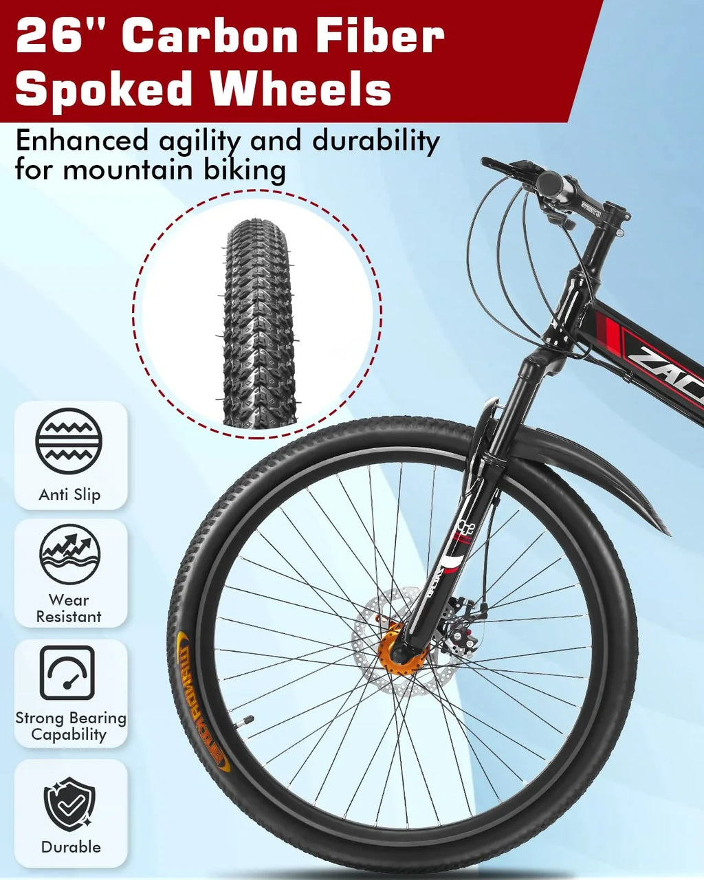 Speed/Carbon MTB Folding Steel Mountain High-Carbon Absorbers Bike, Inch Red City & Fiber Upgraded Zacro Disc Dual Brake Bikes, Shock 26 24 Road Wheels Bicycle,