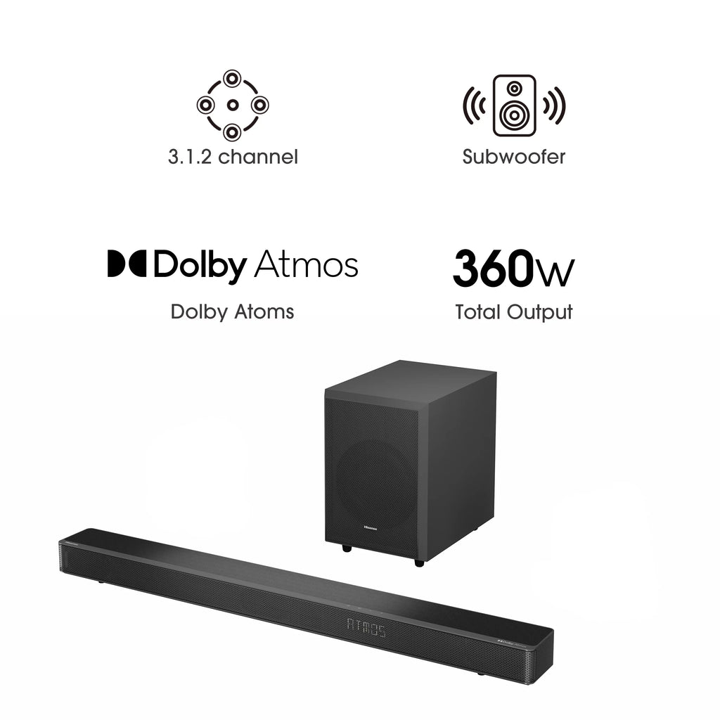 Restored Hisense with and 3.1.2 Atmos Dolby Subwoofer* (Refurbished) 360W (AX3120G) Ch Wireless Soundbar