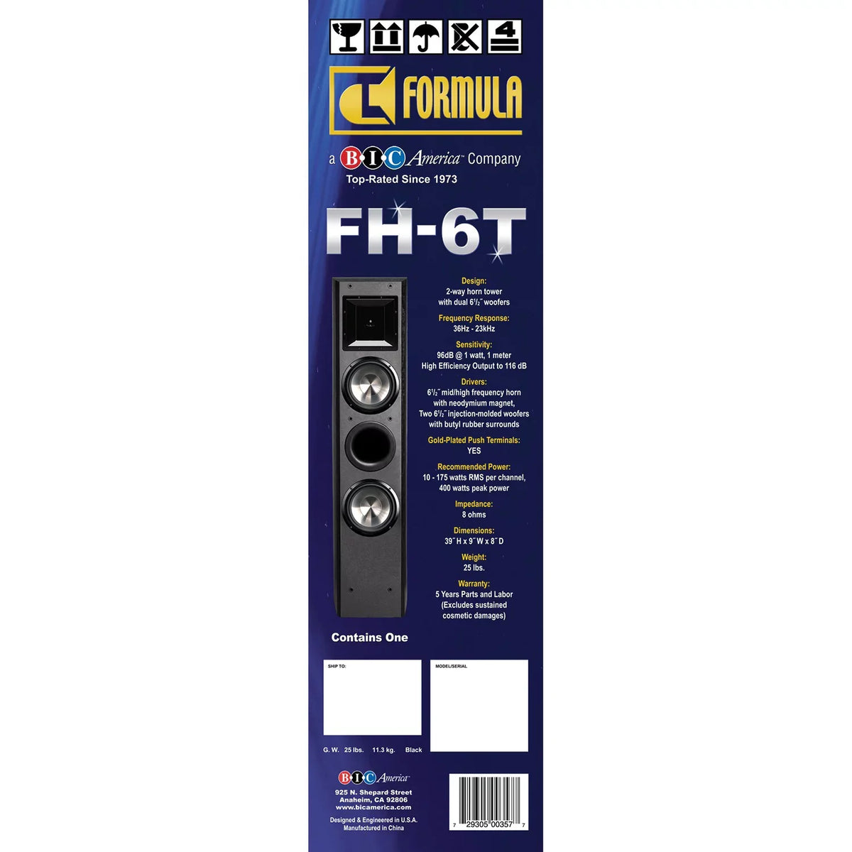 Bic Slim Formula 400-watt 6-1/2-inch America 2-way Fh-6t Fh-6t Dual Series Speaker Tower