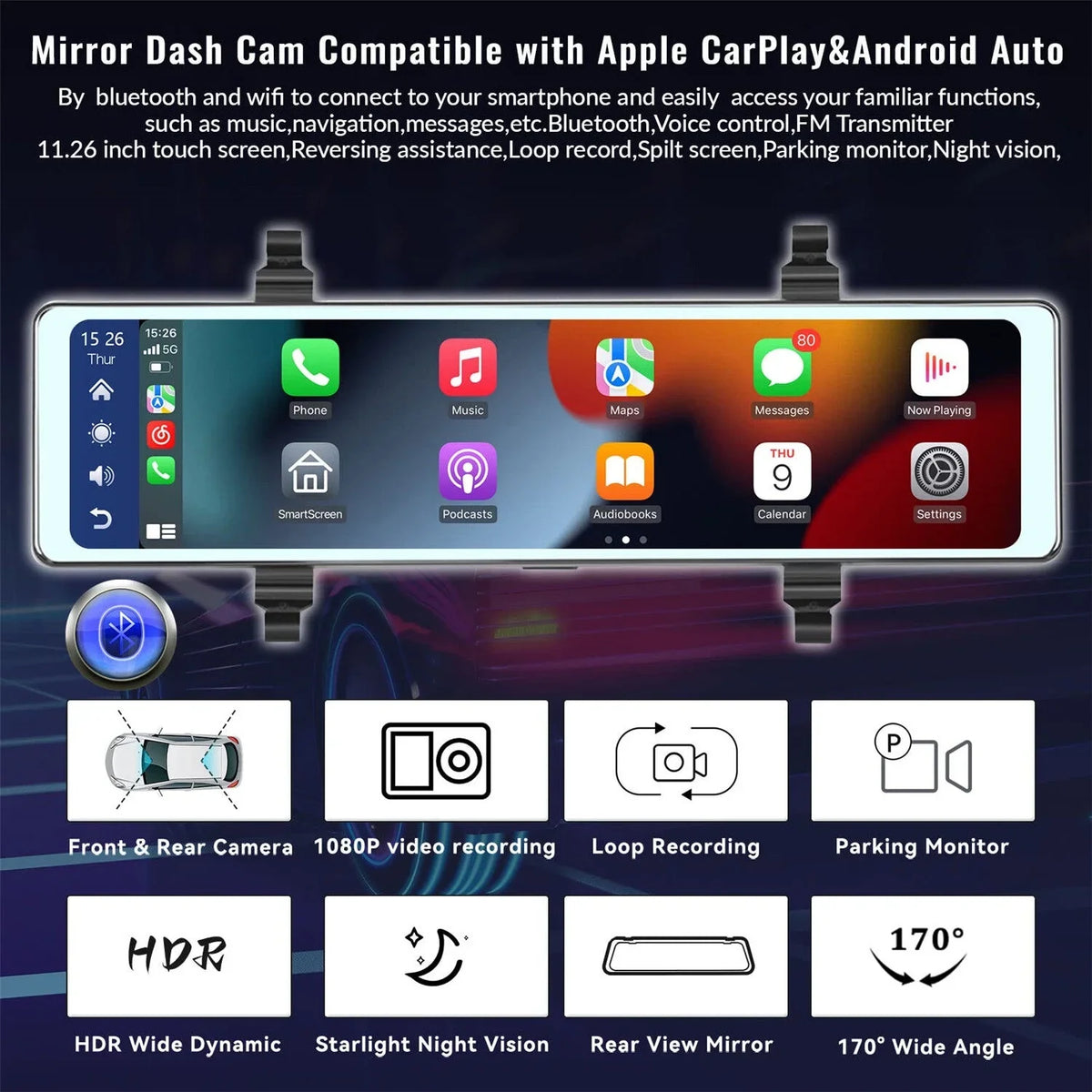 1080P Rear View Cameras,FM Front Control Mirror Recording with Assistance, Dual Auto,11.26" Cam Apple WDR,Loop Wireless Carplay&Android Transmitter,Night Voice Rear Mirror View Dash Vision,Parking and