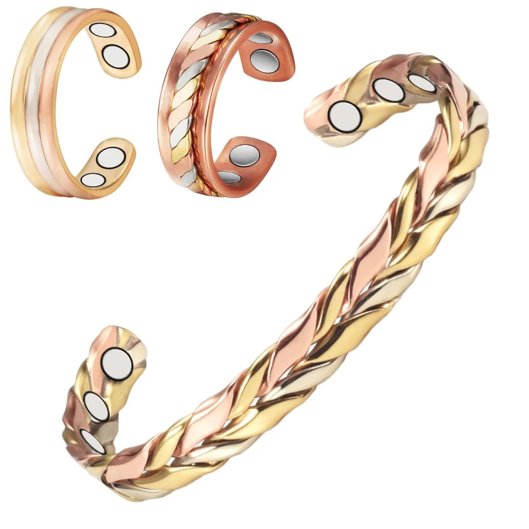 Bracelets+2 Magnetic Health Design, Hand Women, for Wollet Fashion Gold of , Braided Rings Copper Christmas Copper 3 Set Gift