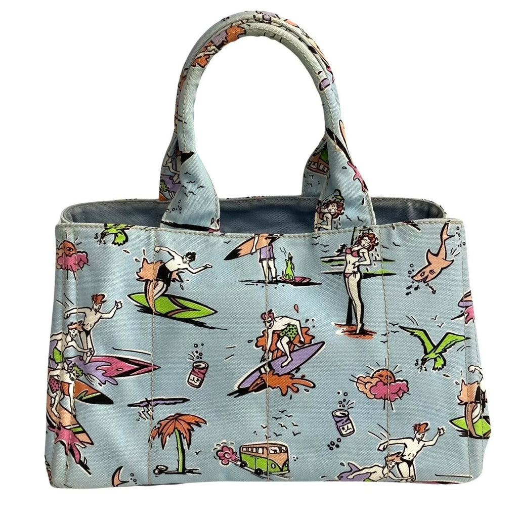 Pre-Owned 25905 Prada Canvas Tote Blue Multicolor Surfing (Good) Handbag Bag Pattern PRADA Triangle Canapa