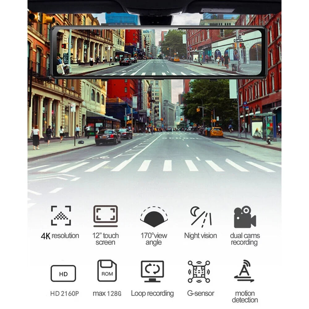 Car Kqiang Backup Voice Mirror View Rear Control Dash 12" Cam 4K Dual Camera WiFi GPS