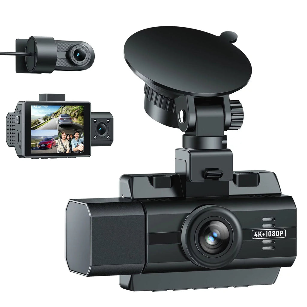 4K 4K+1080P Dash and Vision, Angle, Triple 170°Wide WDR, Night Cam Monitor with Dash Front and 3 Inside, Front Rear IR Car Camera Parking 2K+1080P+1080P Inside, Channel Camera