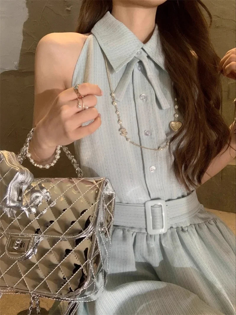 Dress [In Oni Deeeefuu Pei Sleeveless Dress Man Stock]] Tie Short S Pei Mambo Han Waisted Mint Halter Women Neck Dresses Commuter