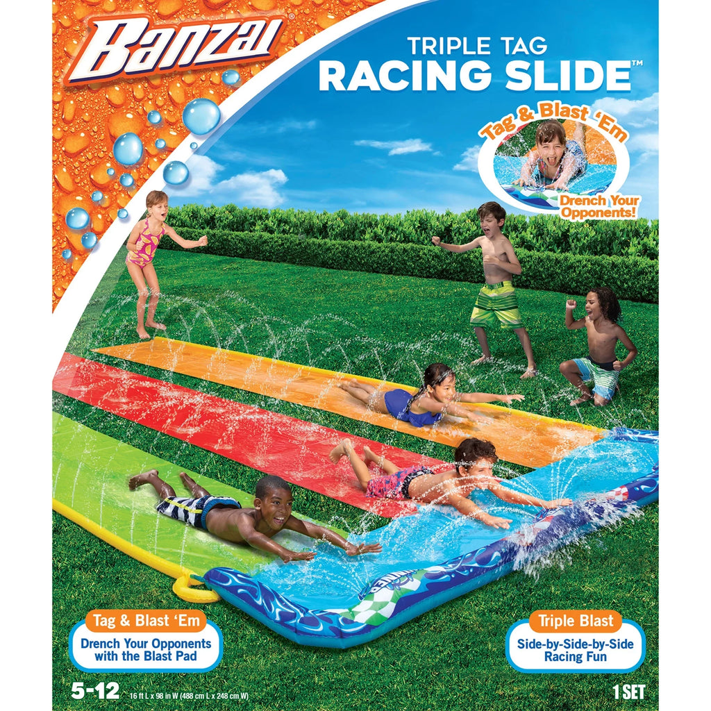 Water - Racing Side-by-Side-by-Side Triple 16 Slide Racing Banzai Fun! Tag Feet
