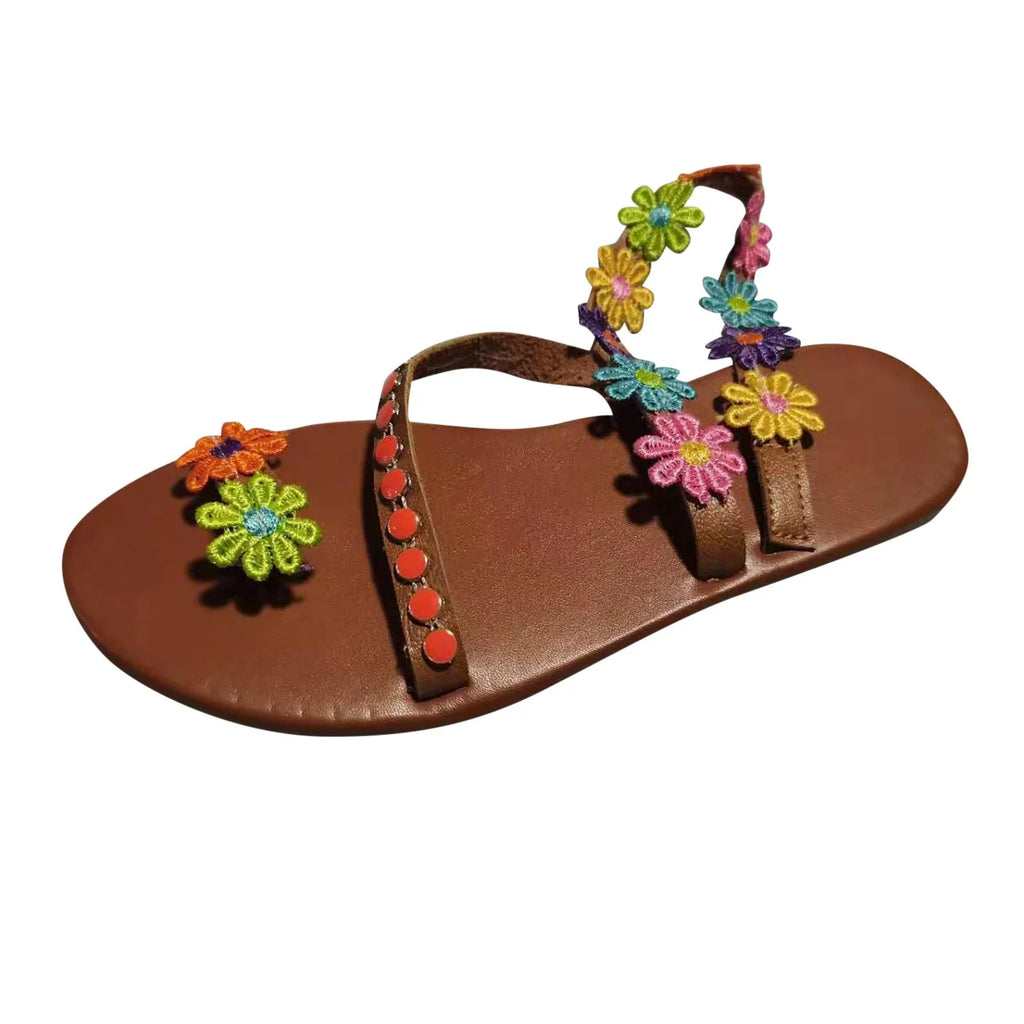 Ladies Sandals Wedge Women Designer Rhinestone Flower Flip Printing Sandals Sandals Summer Toe Fashion Sandals Breathable Flop Sandals 9 Size Low Women Round for Flat Summer for Women Strap Womens