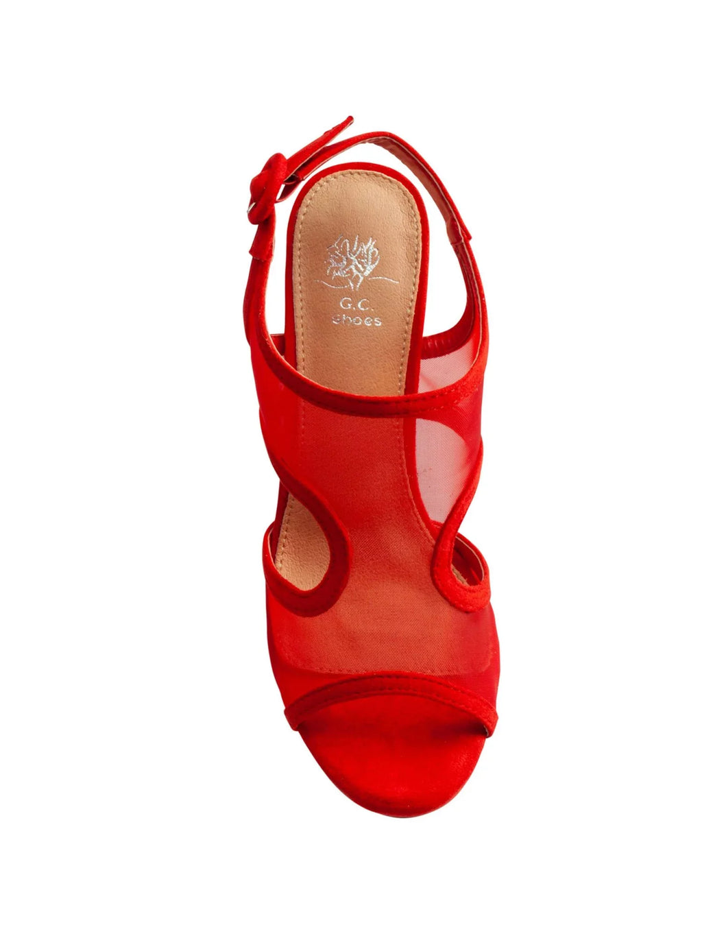Round Toe Block Claire Mesh Slingback Cutouts Buckle Padded Sandal Womens Adjustable Red Heel 7.5 Side G.C. SHOES