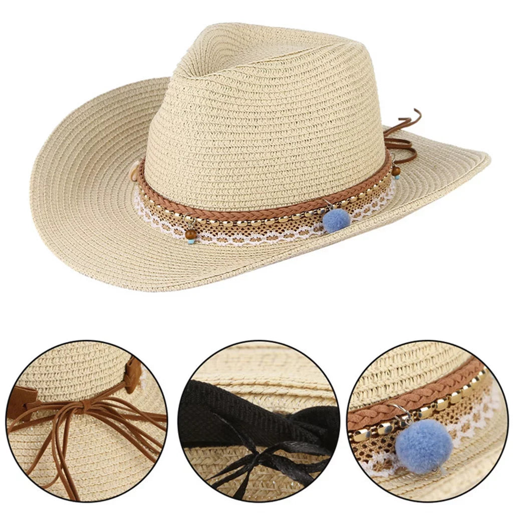 Sun Hat Western Cowboy Packable Women Brim Trilby Straw Beige Style Floppy Big