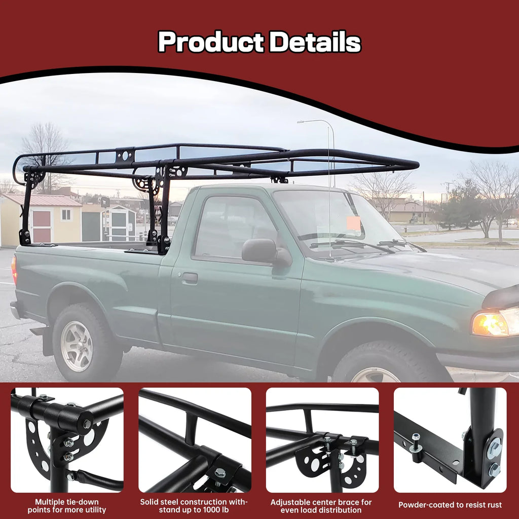 1000 LBS Truck Lumber Universal Cab Ladder Rack Bar 60 Adjustable Over-Cab Bed Pickup Kayak Contractors Kojem Rack Side Long Inch